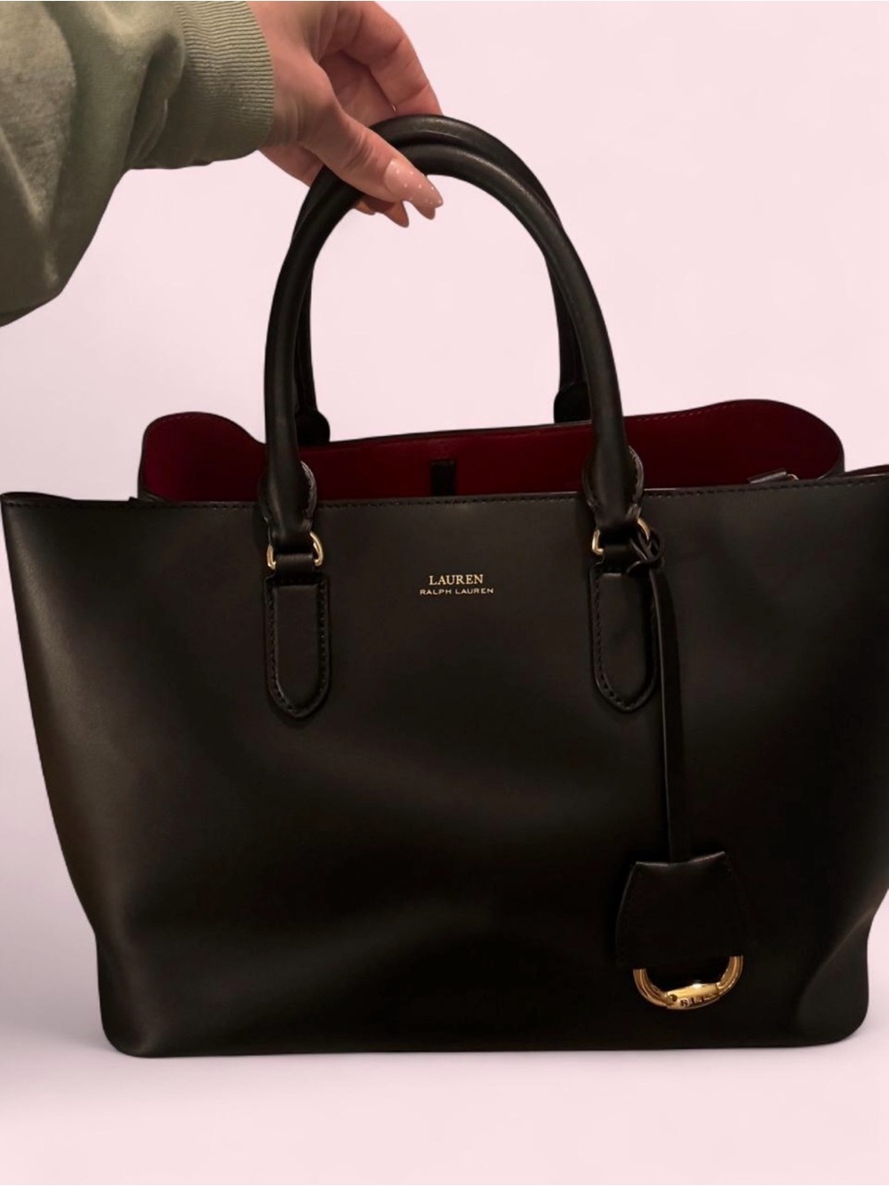 Ralph Lauren Marcy Black Leather Tote with Red Interior